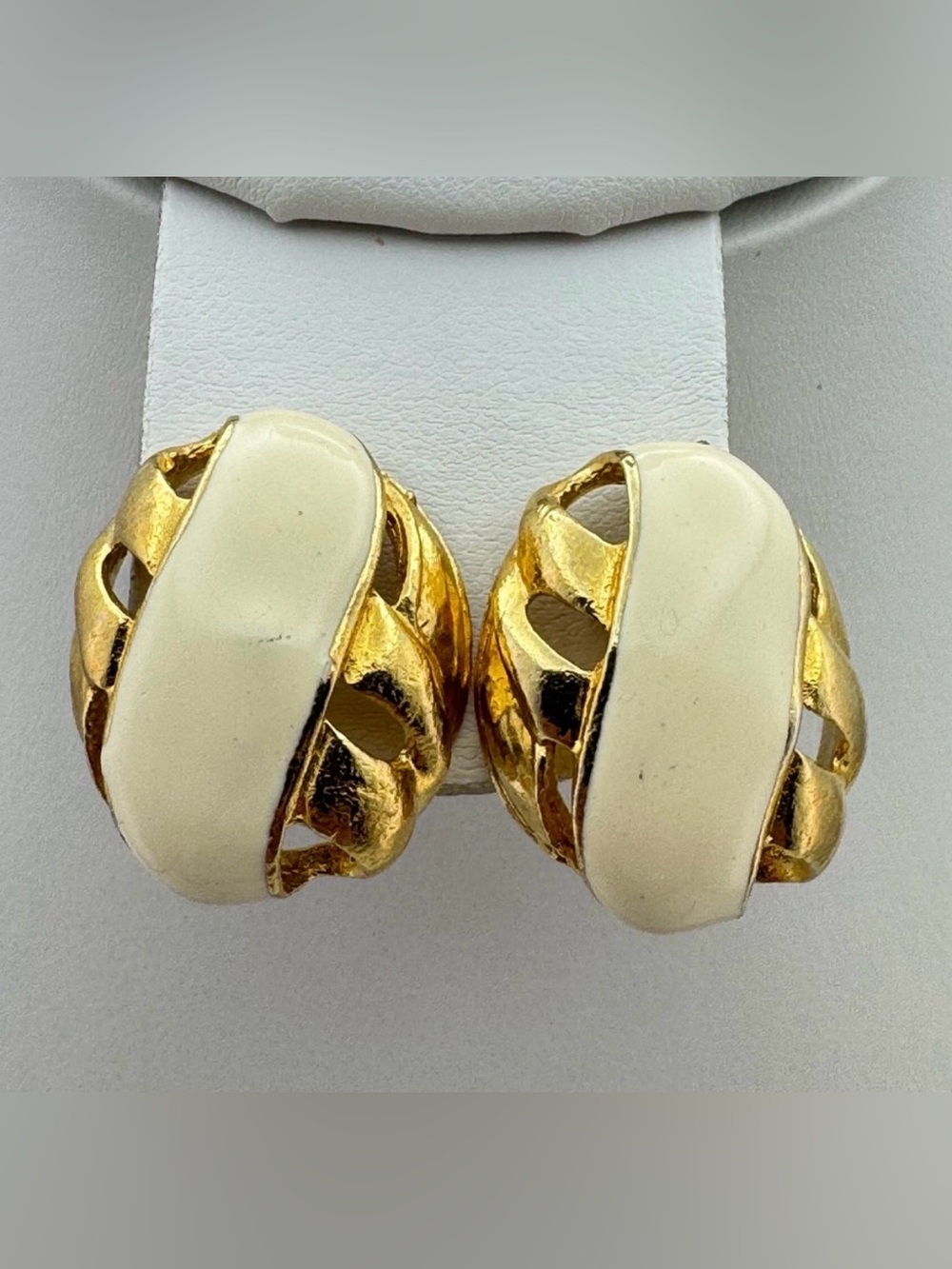 Vintage Gold Tone Ivory Enamel Oval Dome Stud Earrings